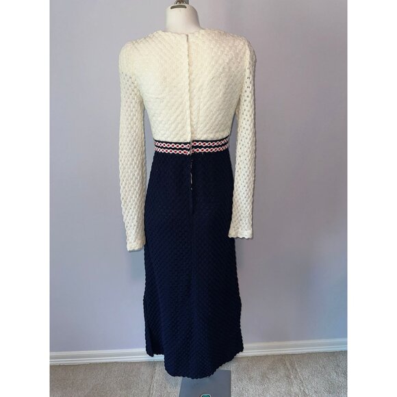 Vtg 70s Red White Blue Knit Crochet Style Maxi Mod Dress Long Sleeve Size Small - Picture 5 of 5